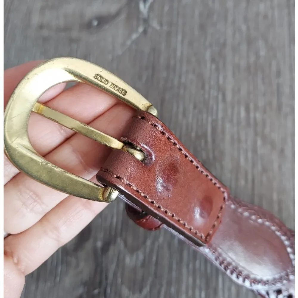 Vintage REI Tapestry Brown Leather Belt Solid Brass Buckle Size 40